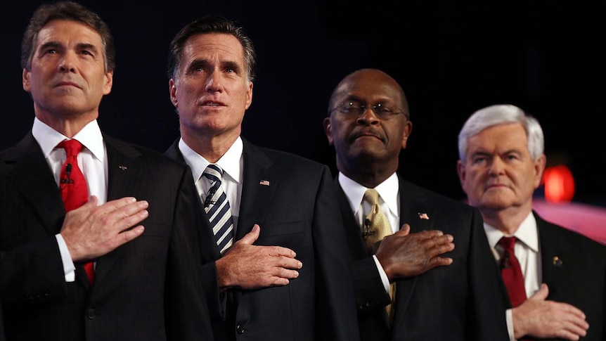 Republican presidential candidates (L-R) Rick Perry, Mitt Romney, Herman Cain and Newt Gingrich (AFP: Win McNamee)
