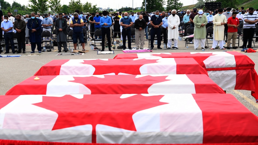 Muslim family members killed in alleged hate crime farewelled with coffins draped in Canadian flags