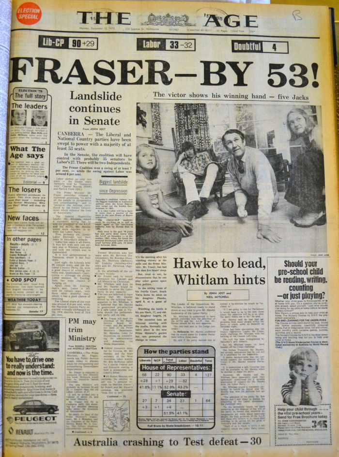 The Age declares Malcolm Fraser victorious in the 1975 election.