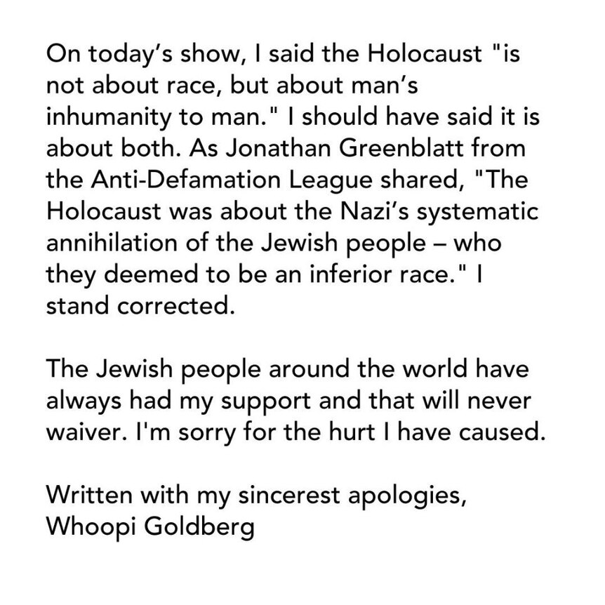 A picture of the words which read in part: On today's show I said the Holocaust "is not about race, but about man's inhumanity..