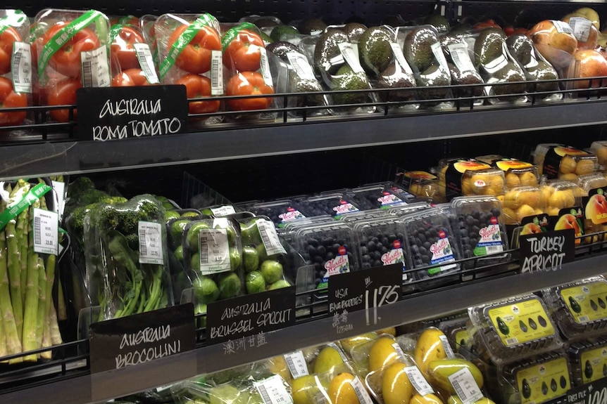 Supermarket stand stocked with fruit and vegetables