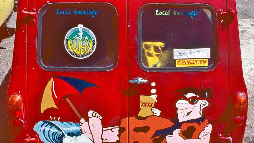 A surf van features a Wayne Rabbit Bartholomew sticker