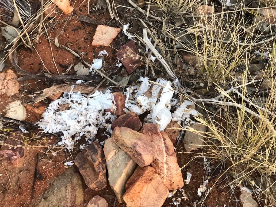 Shredded white toilet paper in amongst red rocks