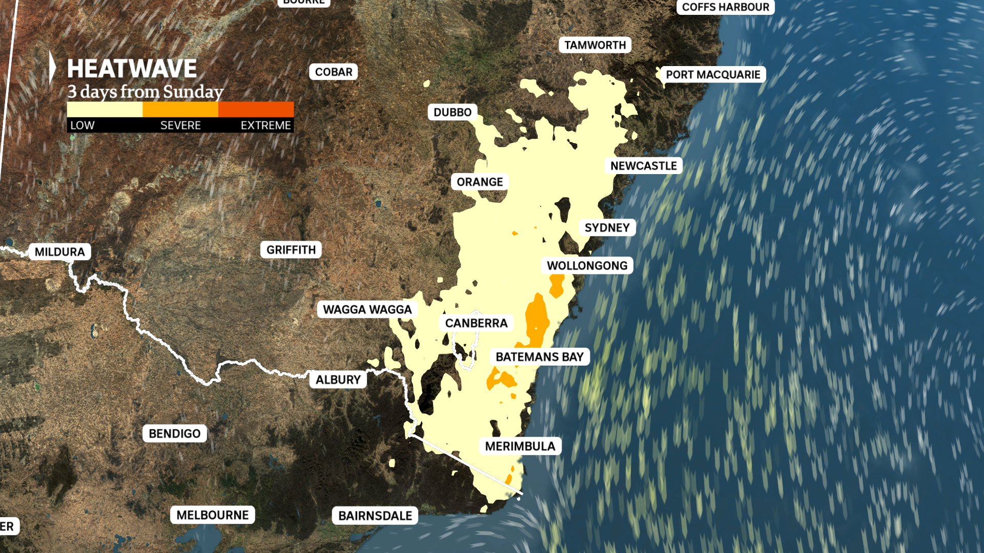 a weather map of new south wales showing a heatwave three days from Sunday