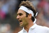 Roger Federer celebrates against Steve Johnson
