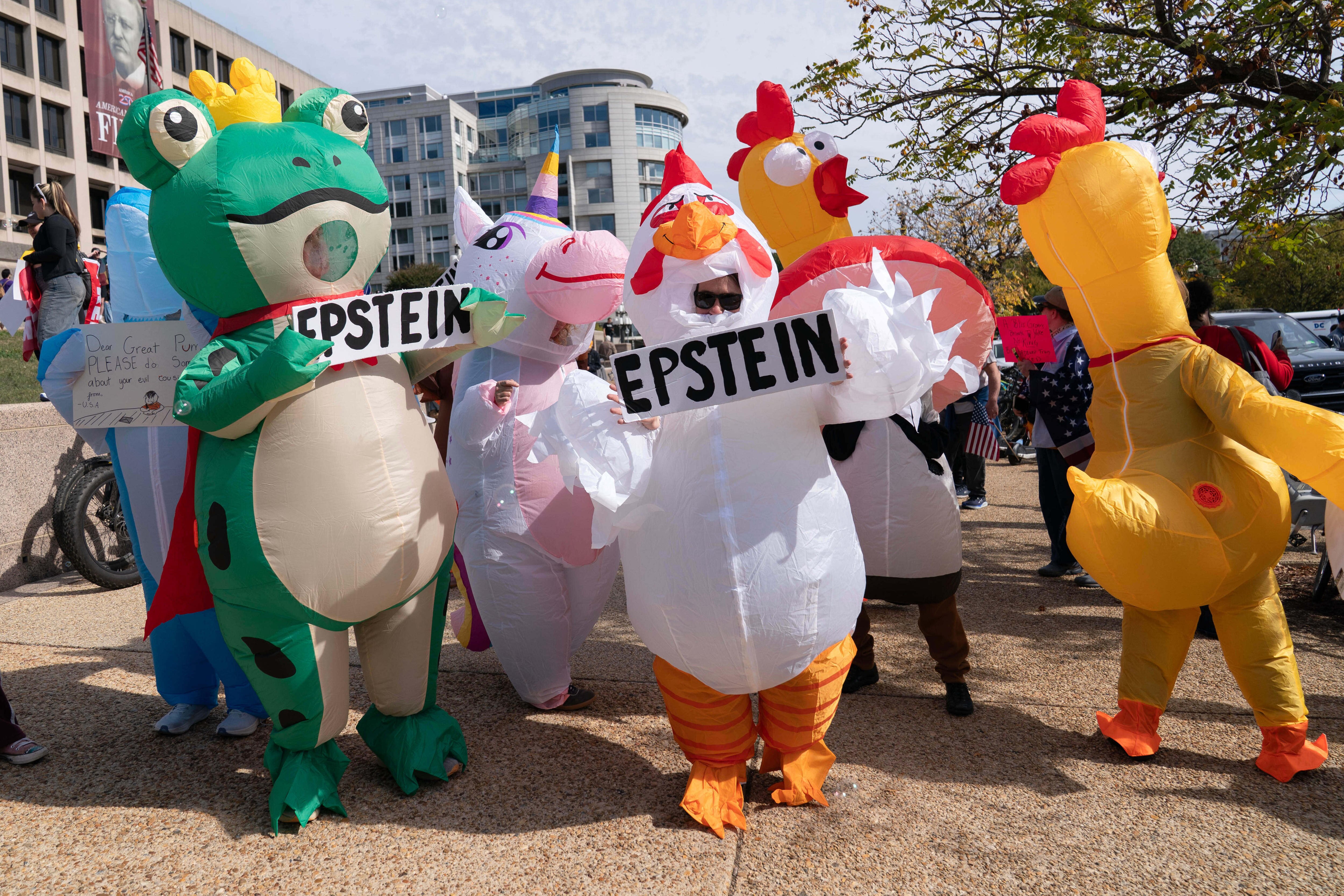 Protesters in inflatable frog, chicken, rooster and unicorn outfits holding 'Epstein' signs