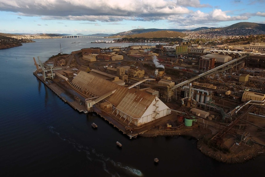 Aerial view of Nyrstar zinc works on the River Derwent, Hobart.