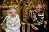 Queen Elizabeth II and the then Price of Wales, Charles sitting next to each other on golden thrones