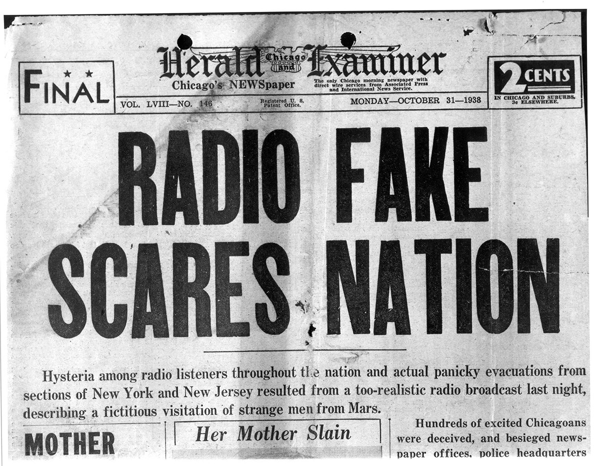 A headline reading "Radio Fake scares Nation" 