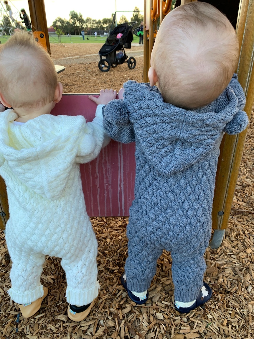 Two six-month-old babies stand holding playground equipment looking at a pram.