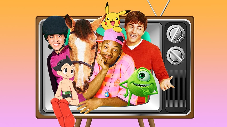 Image of television with Astroboy, Zac Efron, Monsters Inc, Pikachu, Horse and female with horse riding helmet