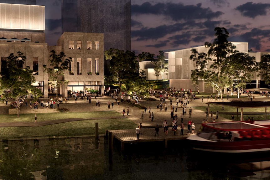 An artist's impression of the proposed East Perth Power Station redevelopment at dusk with the Swan River in the foreground.