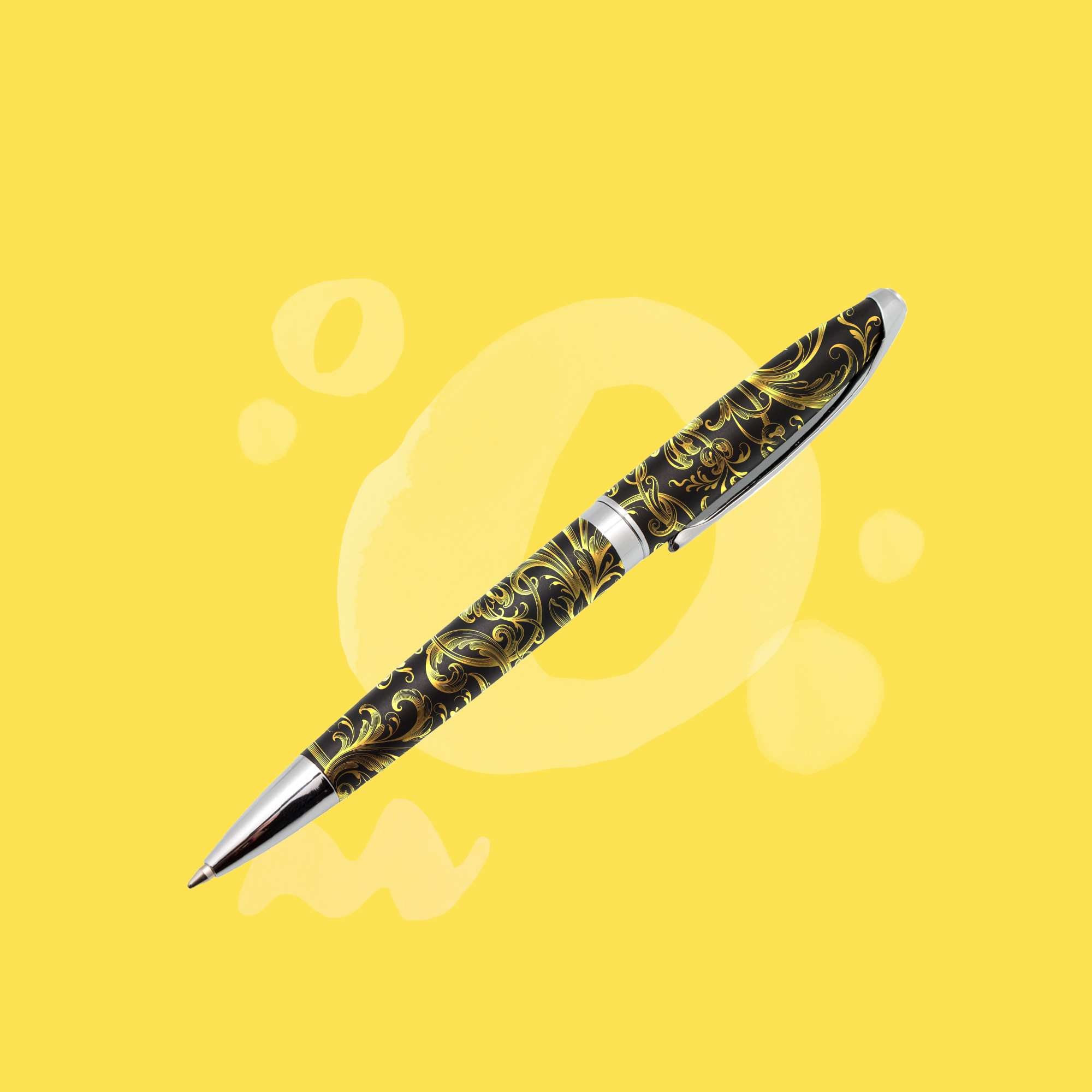 An ornately decorated pen sits over a bright yellow background.