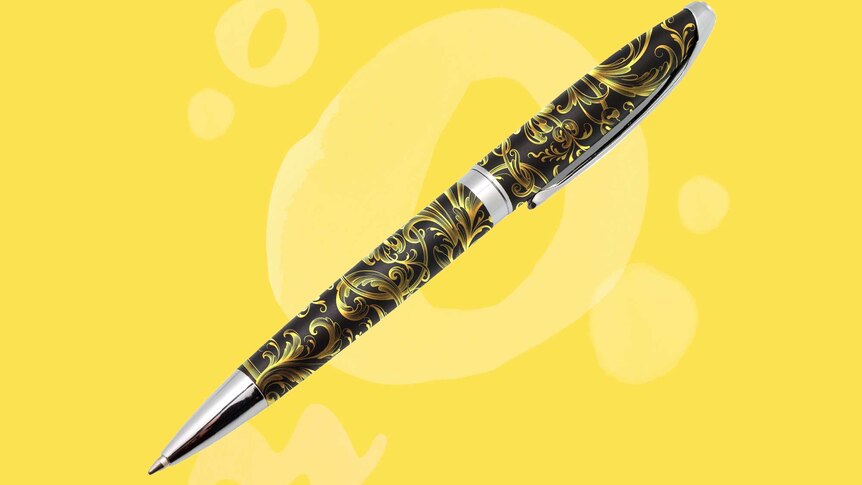 An ornately decorated pen sits over a bright yellow background.