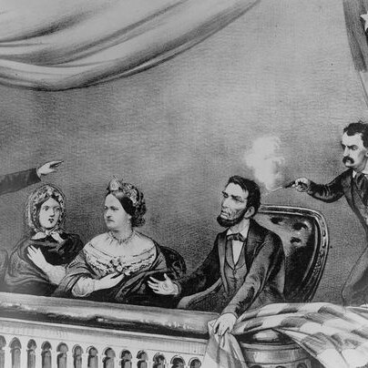 a illustration depicts the assassination of Abraham Lincoln at a theatre