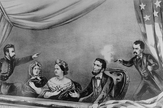 a illustration depicts the assassination of Abraham Lincoln at a theatre