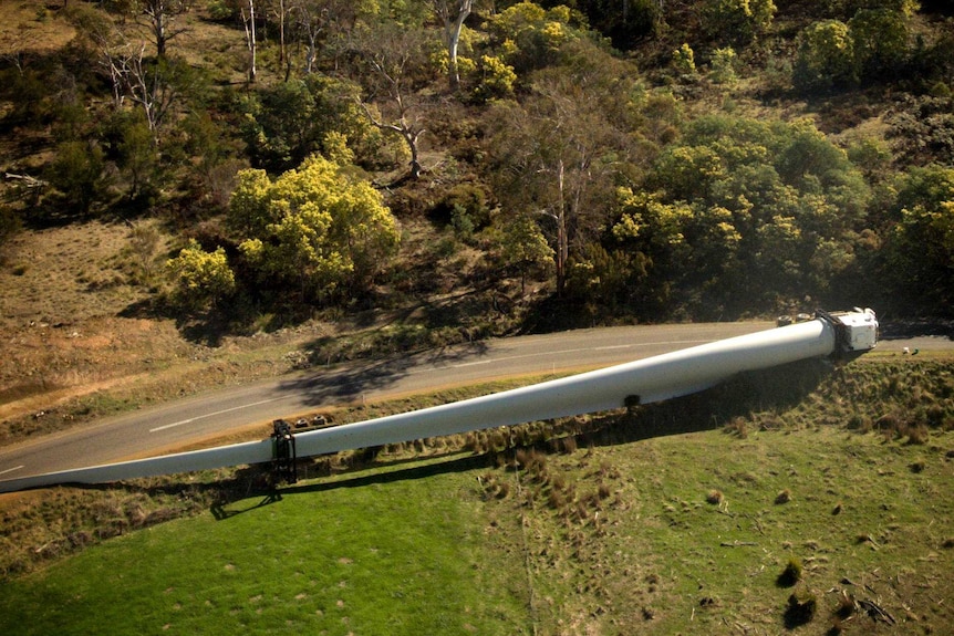 A wind turbine blade was left strewn across a highway in Bothwell, in Tasmania's central highlands.