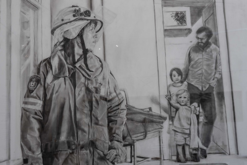 Charcoal drawing of a firefighter with her family in the background