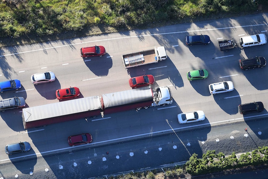 An aerial photo showing heavy traffic on a major highway.