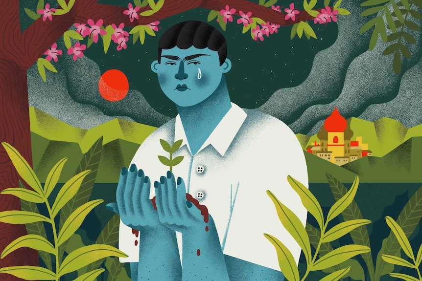Colour illustration of a boy with a single tear and a small plant with soil in his hands standing in a lush forest scene.