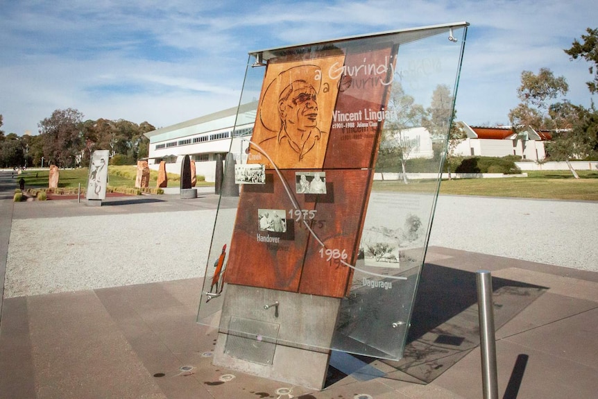A sculpture featuring Vincent Lingiari shows a timeline of indigenous rights
