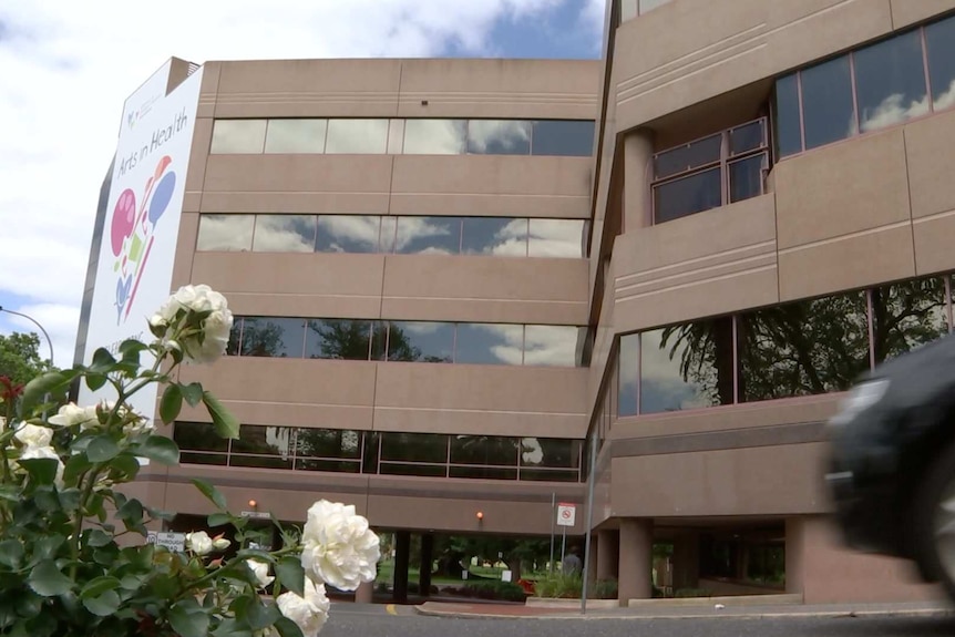 A hospital with roses and a car outside it