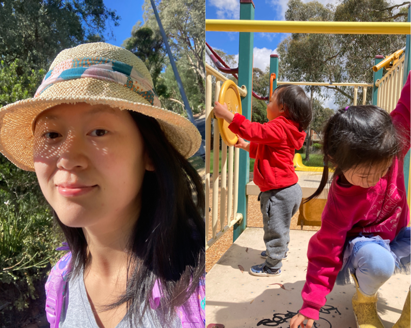 A composite of journalist Yao Cheng and her two children playing on play equipment.