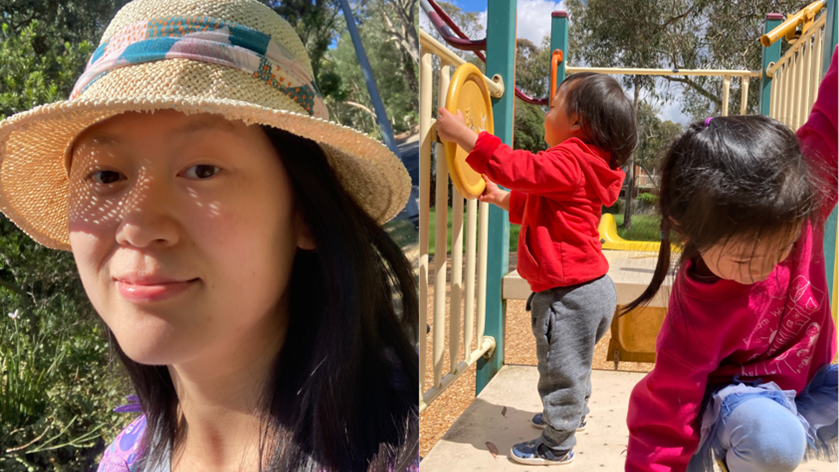 A composite of journalist Yao Cheng and her two children playing on play equipment.