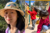 A composite of journalist Yao Cheng and her two children playing on play equipment.