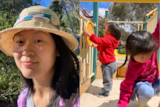 A composite of journalist Yao Cheng and her two children playing on play equipment.