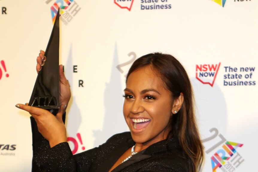 Jessica Mauboy poses with her Best Female Artist award at the 27th ARIA Awards.