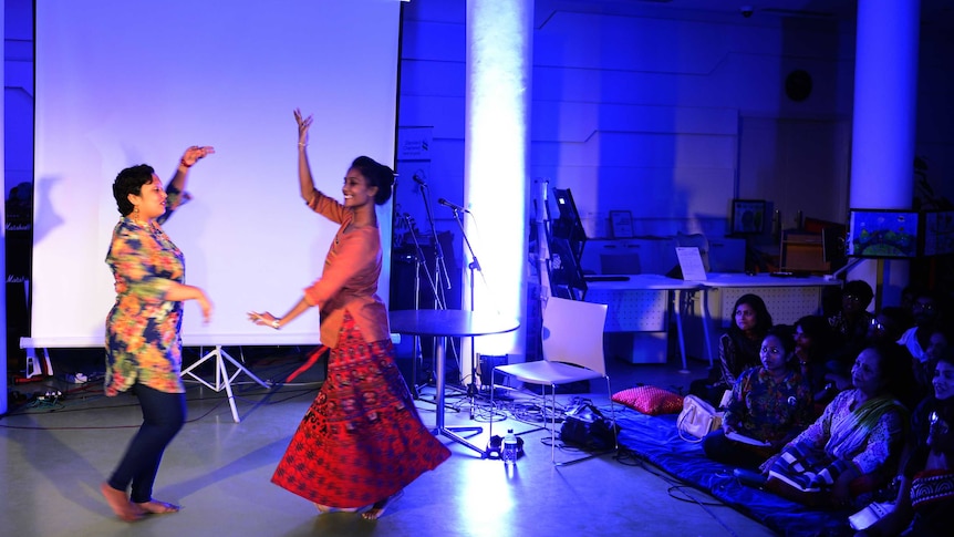 Bangladeshi artists performing during the launch of the country's first lesbian comic strip