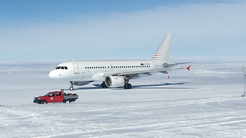 An Airbus 319 on the Wilkins Runway in Antarctica. February 2017.