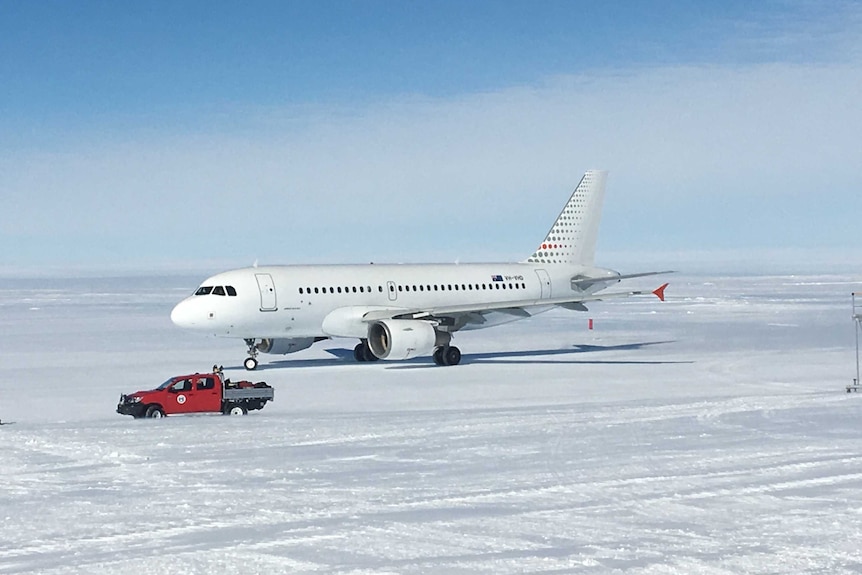An Airbus 319 on the Wilkins Runway in Antarctica. February 2017.