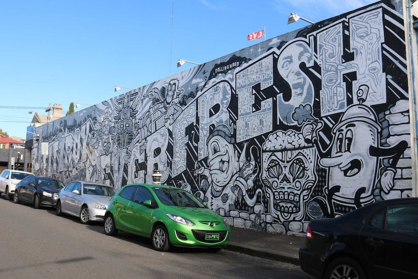 The Fitzroy Everfresh wall of street art at the Nightcat in Melbourne in July 2017.