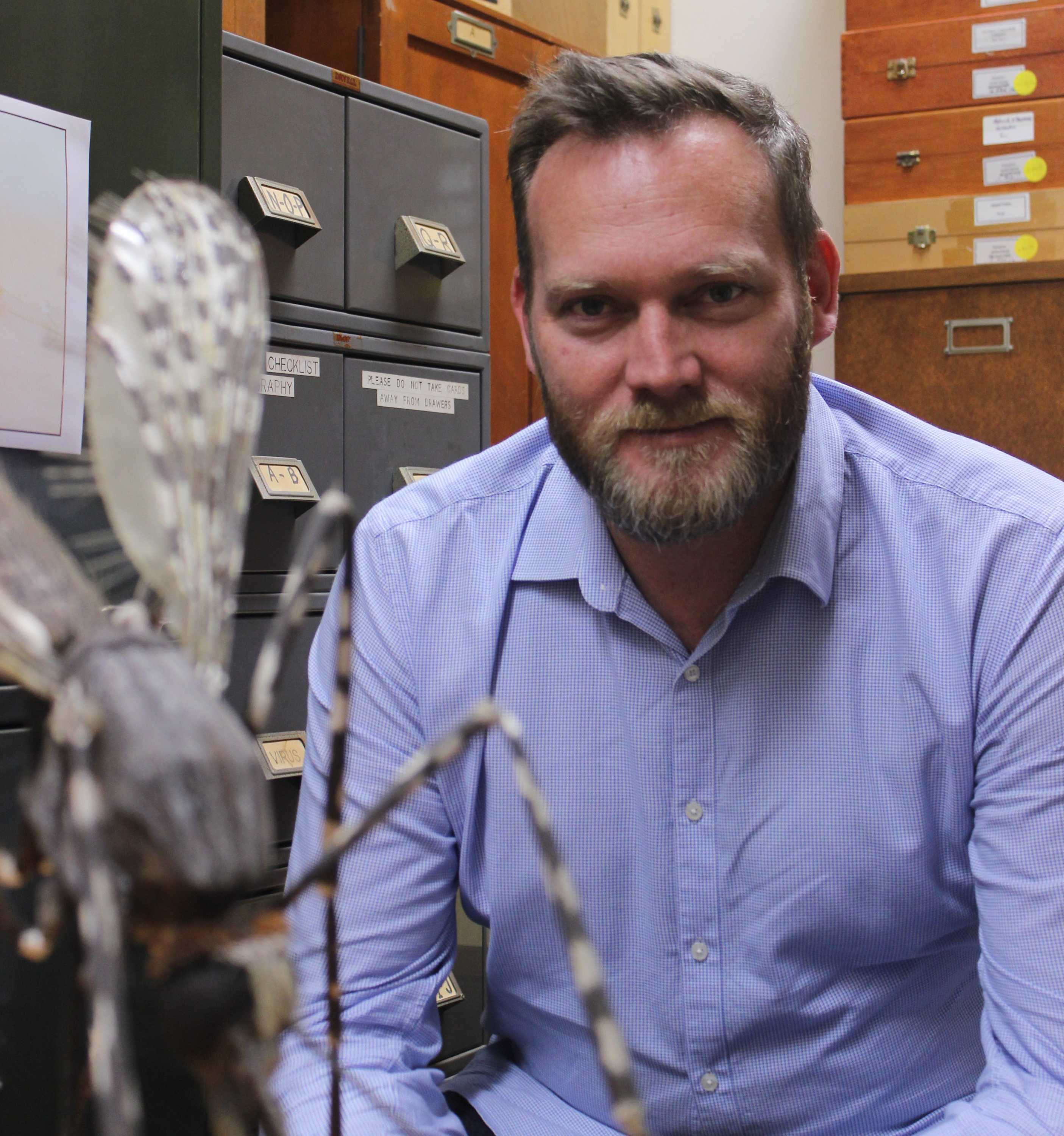 Dr Cameron Webb sits in his office where he has a giant replica of a mosquito