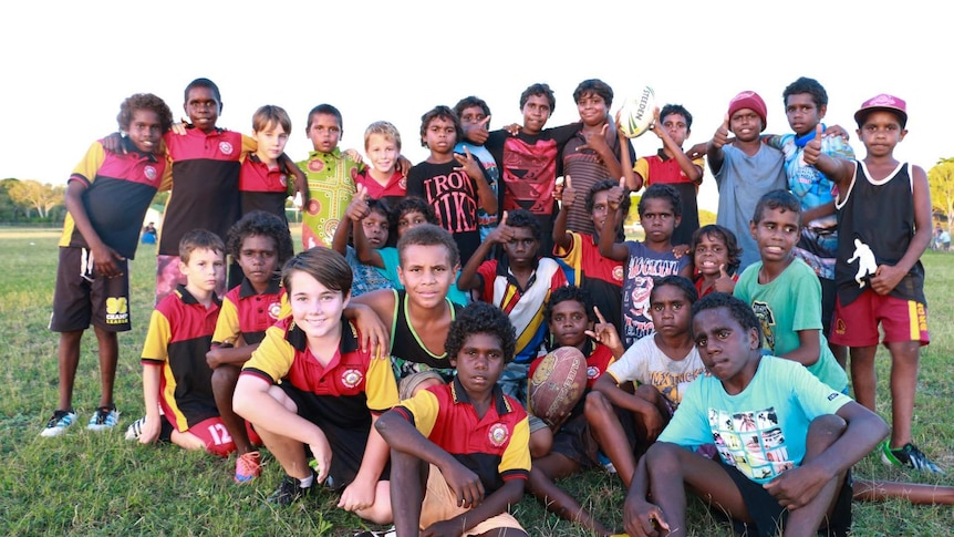 Mornington Island footballers in their new boots
