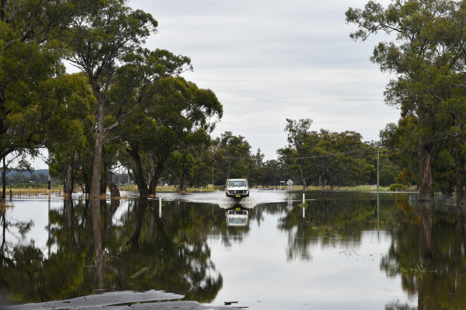 A white landcruiser ute drives straight towards the camera, down a road with water across.