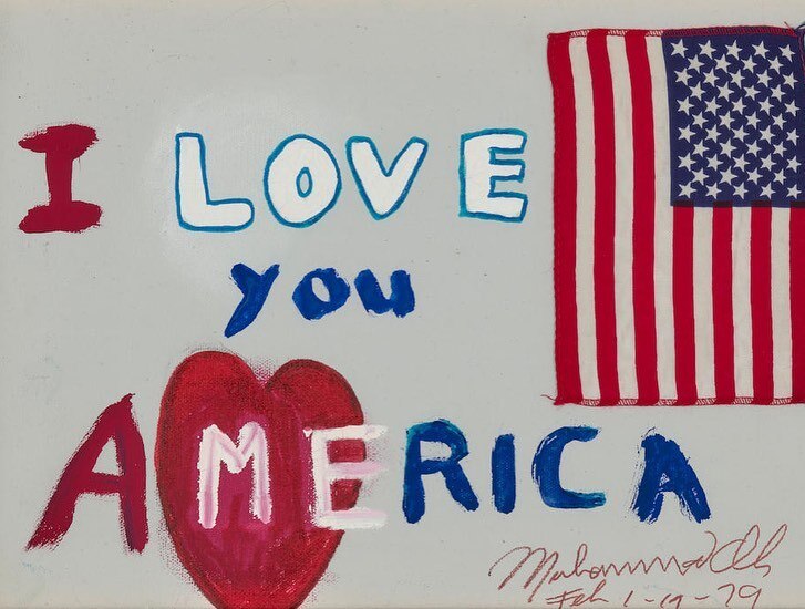 A painting in red, white and blue showing the American flag, the words "I Love you America" and Muhammad Ali's signature.