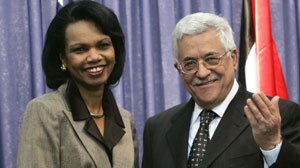 Condoleeza Rice and Mahmoud Abbas after talks in the West Bank.