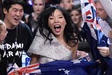 Australian contestant Dami Im celebrates after having her place confirmed in the Eurovision 2016 final