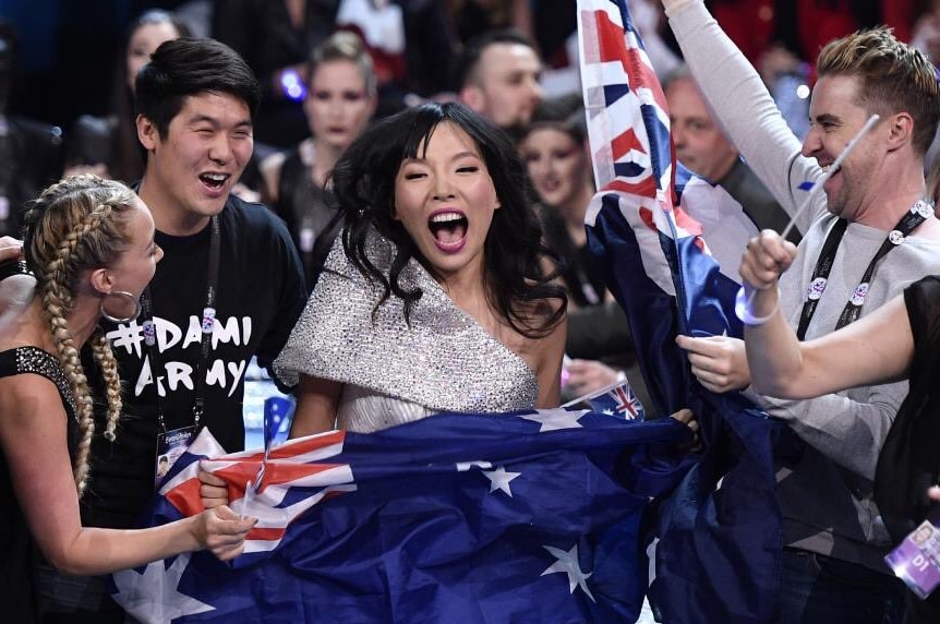 Australian contestant Dami Im celebrates after having her place confirmed in the Eurovision 2016 final