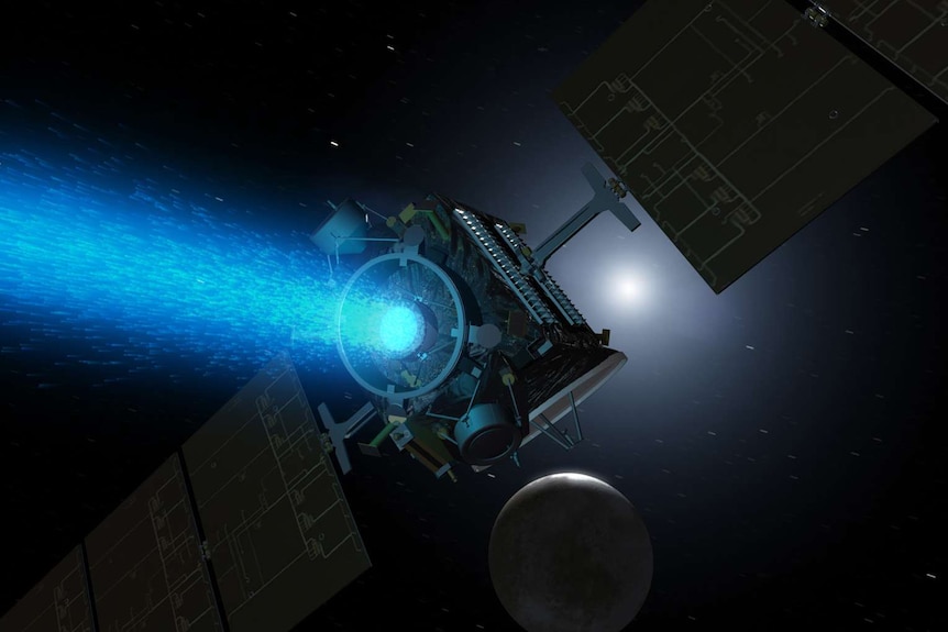 Artist's concept of Dawn spacecraft arriving at dwarf planet Ceres