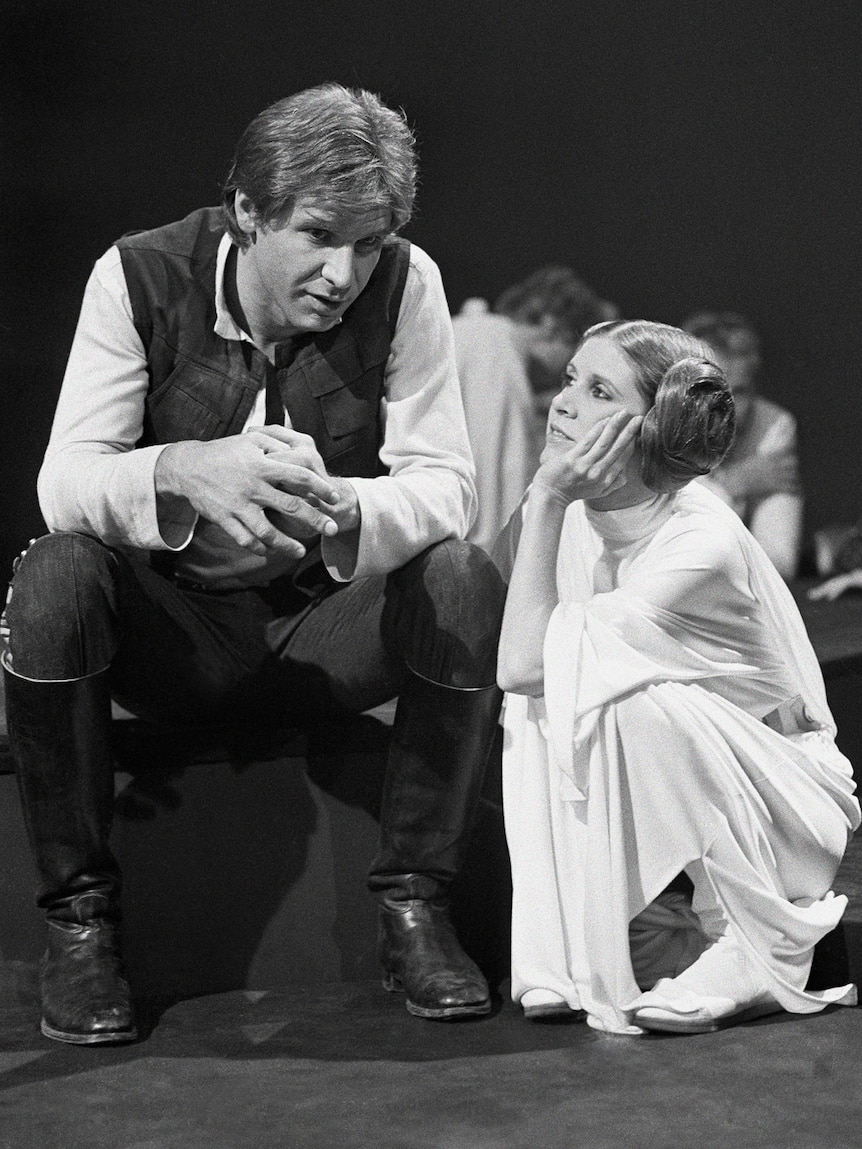 Carrie Fisher on set with Harrison Ford, 1978