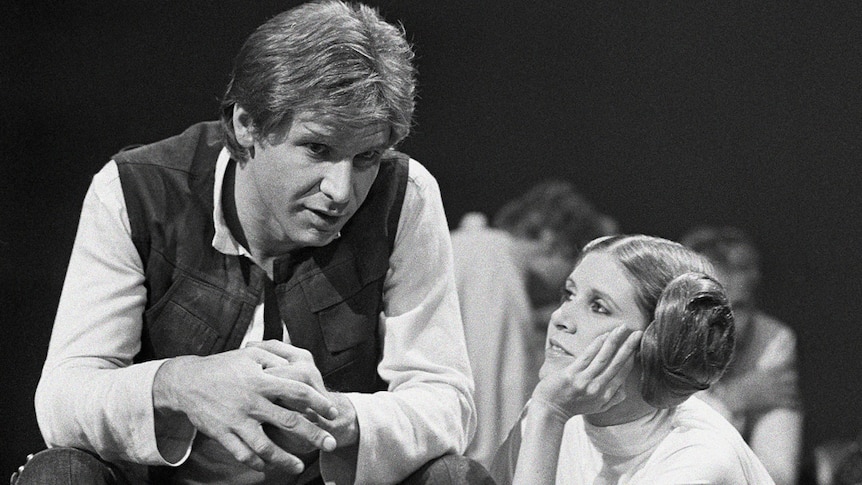 Carrie Fisher on set with Harrison Ford, 1978