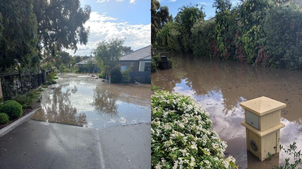 A composite of two images showing a street and surrounded by floodwater.