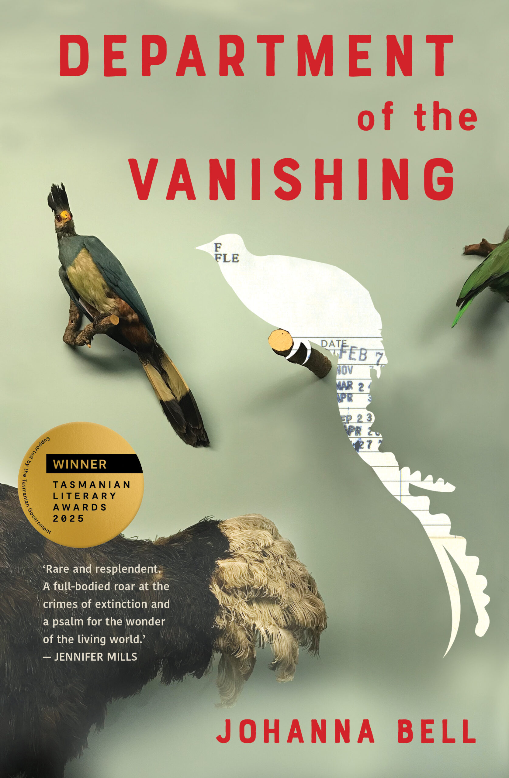 Cover of The Department of the Vanishing by Joanna Bell, showing depictions of birds on a green background.