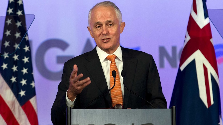 Malcolm Turnbull speaks at a podium with the US and Australian flags behind him.