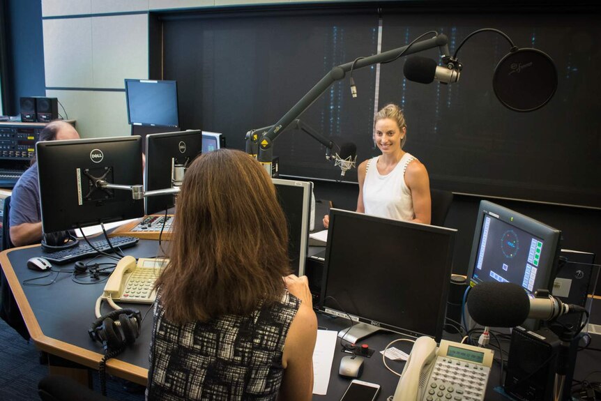 Australian netball champion Laura Geitz in the studio recording an episode of Fierce Girls.