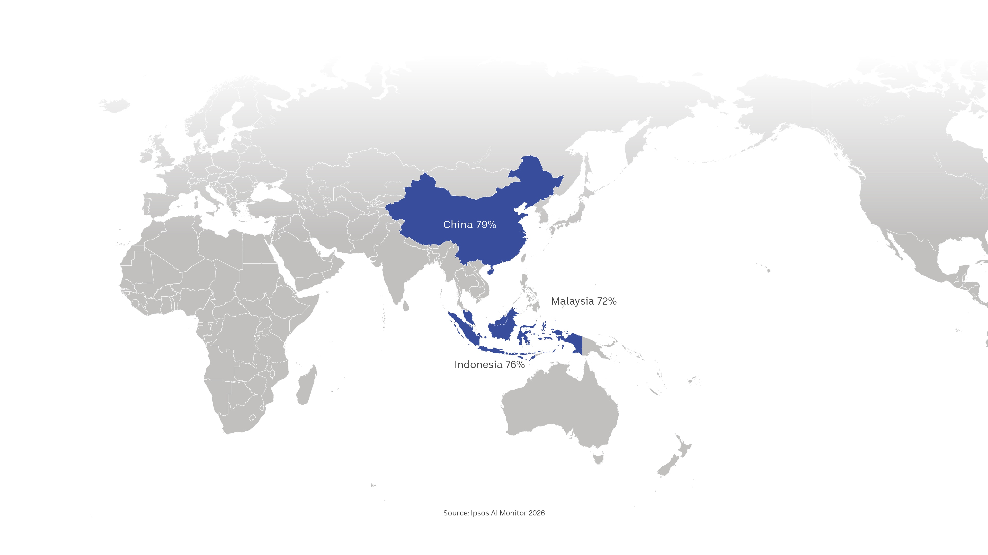 A world map highlighting China with 79 per cent, Indonesia 76 per cent and Malaysia 72 per cent.